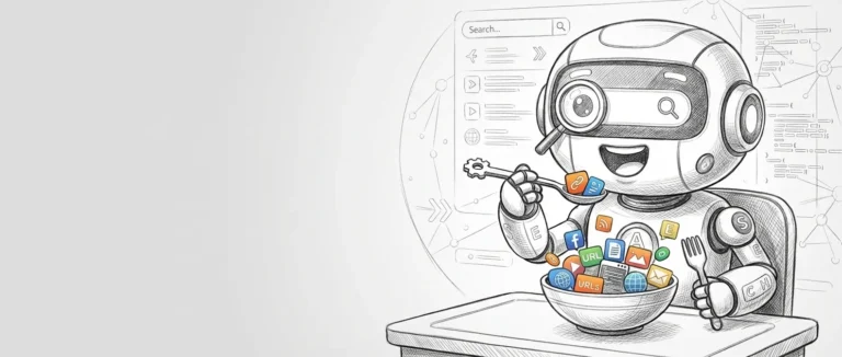 Illustration: Robot spiser internet-ikoner som metafor for Googles web-crawling og E-E-A-T